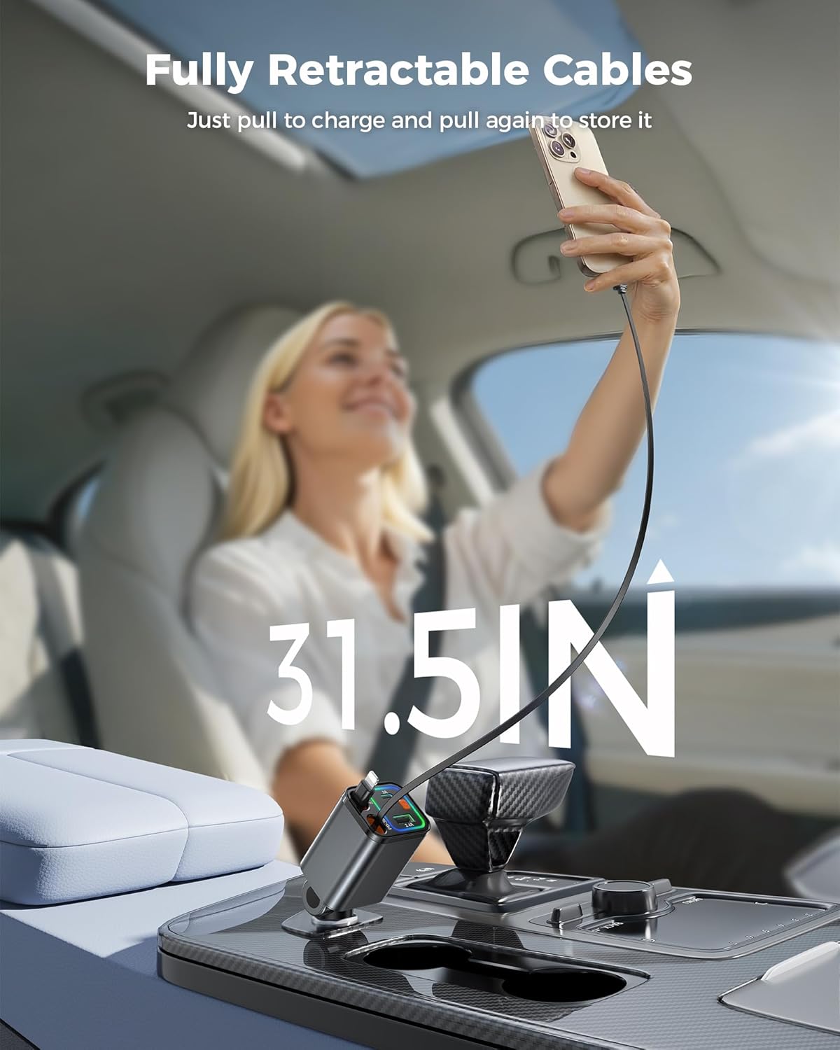 Retractable Car Charger 84W, 4-in-1 Fast Car Charger with Retractables 2.6ft, Cigarette Lighter Charging Block USB+USB C Cube for iPhone 16 Pro MAX 15 14 13 12 Plus,Samsung Galaxy,Pixel