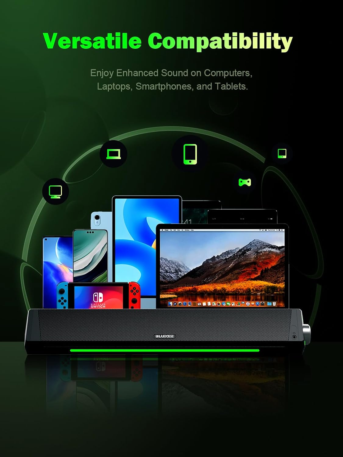 BLUEDEE Computer Speakers, Bluetooth Soundbar, HiFi Stereo, 3.5mm Aux-in Connection, USB Powered Speakers for Desktop Monitor, PC, Laptop, Tablets