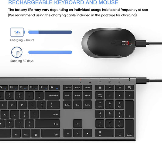 Wireless Keyboard and Mouse, Vssoplor Rechargeable Quiet Full-Size Keyboard and Mouse Combo Set Ultra Slim Design for Laptop, PC, Notebook, Desktop-Dark Gray