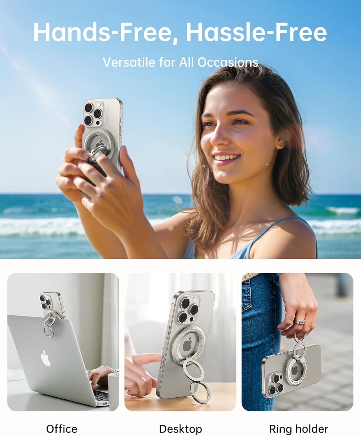 SYNCWIRE Phone Ring Holder Grip for MagSafe, 360° Rotation Magnetic Cell Phone Grip Stand Two-Sided Magnetic Compatible with iPhone 16 15 14 13 12 Pro Max fits MagSafe Accessories - Titanium