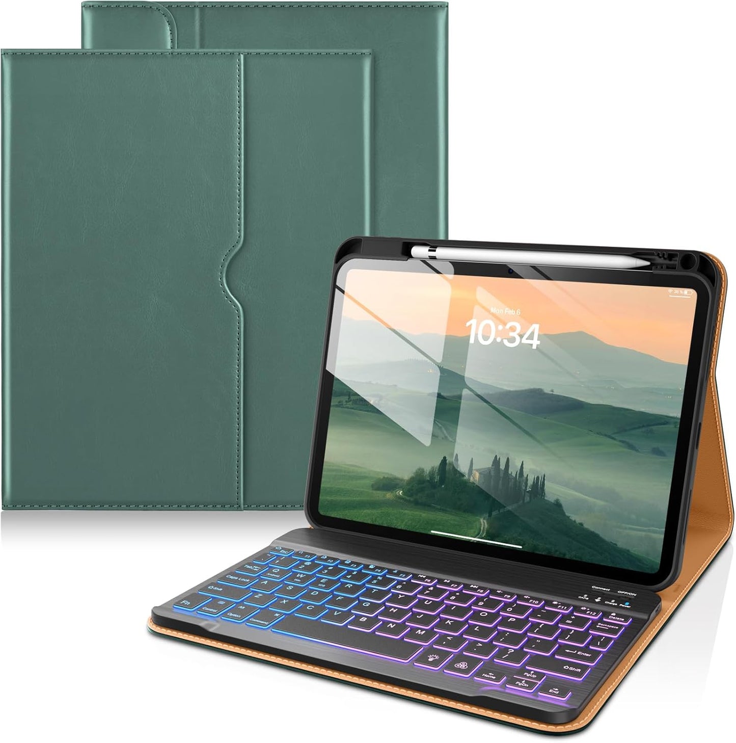 DTTO for iPad 11th (A16,2025)/ 10th Generation (10.9",2022) Case with Keyboard, 7 Colors Backlit Wireless Detachable Keyboard Premium Leather Folio Cover with Pencil Holder & Pocket, Midnight Green