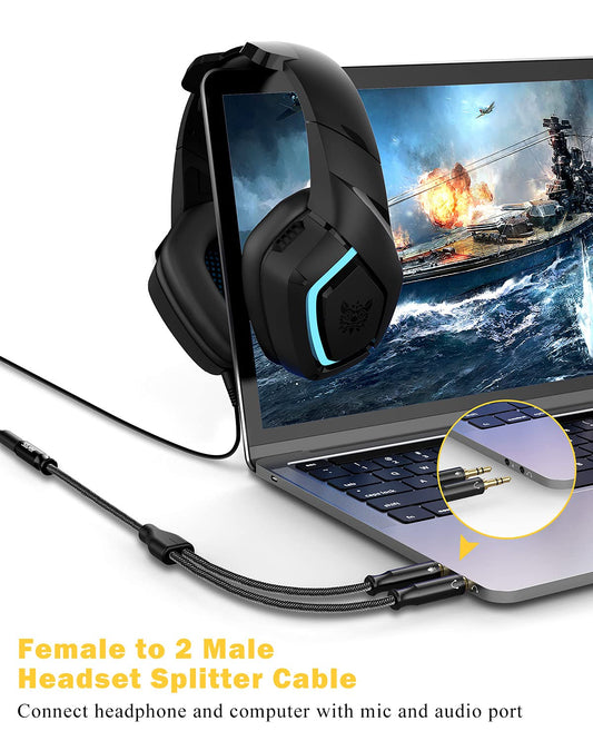 3.5mm Headset Splitter for PC 2 Pack, Crystal-Nylon Braid Female to Dual 3.5mm TRS Male Headphone Mic Splitter Audio Y Cable, CTIA Gaming Headset to PC Adapter - Matte Black 0.3M…
