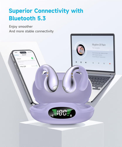 Ultra Open Ear Earbuds - Ergonomic Clip-On Earbuds, Small Bone Conduction Over-The-Ear Headphones with Waterproof Design, Perfect Running Headphones for Sports and Fitness, Purple