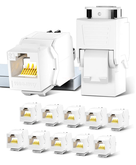 AMPCOM CAT6A UTP RJ45 Keystone Jack 50u Gold Plating Reusable Ethernet Wall Jack with Adjustable Ratchet Lock (No Tool and Zip Tie Required) - White (12-Pack)