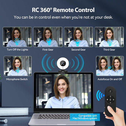 papalook 4K Autofocus Webcam with Light, UHD Web Camera with Remote Control and Dual Noise-Cancelling Mics, Plug and Play USB Webcams for PC Laptop Zoom Skype Teams Google Meet