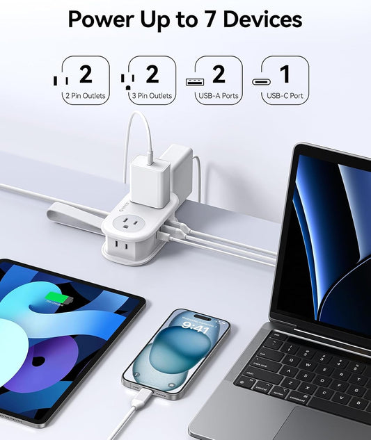 ORICO 20W USB-C PD Travel Power Strip, 4 AC Outlets 3 USB Ports (Fast Charging), 4FT Flat Plug Extension Cord, Cruise Approved, Compact for Business Travel/Dorm -AP3