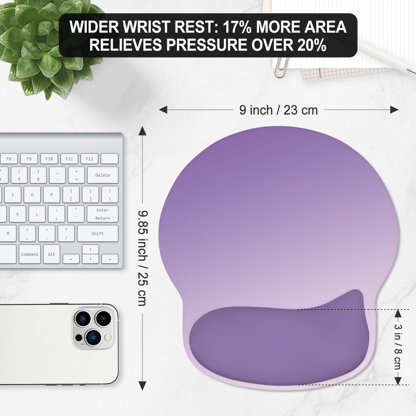 ITNRSIIET Ergonomic Mouse Pad with Wider Memory Foam Wrist Rest +17% - Curved Cushion Reduces Pressure 20%, Pain Relief, Non-Slip, Smooth, Cute Colors, 9.85 x 9 in, Lavender Fade
