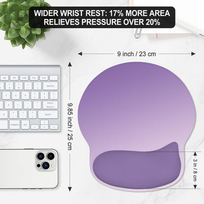 ITNRSIIET Ergonomic Mouse Pad with Wider Memory Foam Wrist Rest +17% - Curved Cushion Reduces Pressure 20%, Pain Relief, Non-Slip, Smooth, Cute Colors, 9.85 x 9 in, Lavender Fade