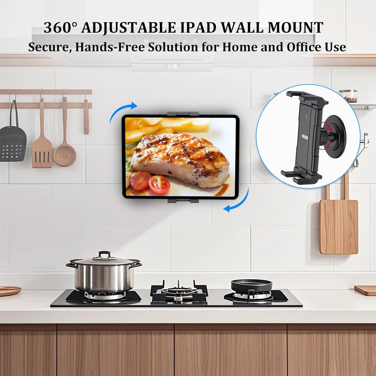 OHLPRO Tablet Wall Mount Holder for iPad, 360° Adjustable Swivel No-Drill 3M Adhesive Stand for Kitchen Compatible with 5-13 Inch Smartphones iPads Samsung Tab Fire HD Kindle & More Devices