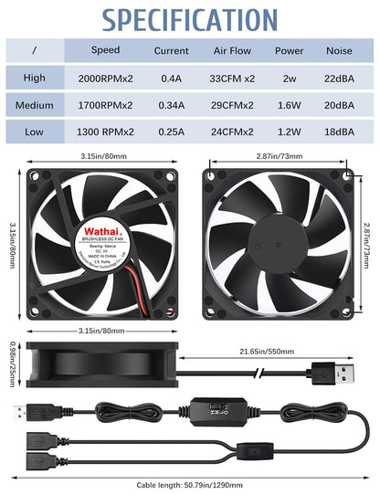 Wathai 80mm x 80mm x 25mm USB Fan 5V for Computer Laptop Router DVR Xbox Cooling 2 Packs