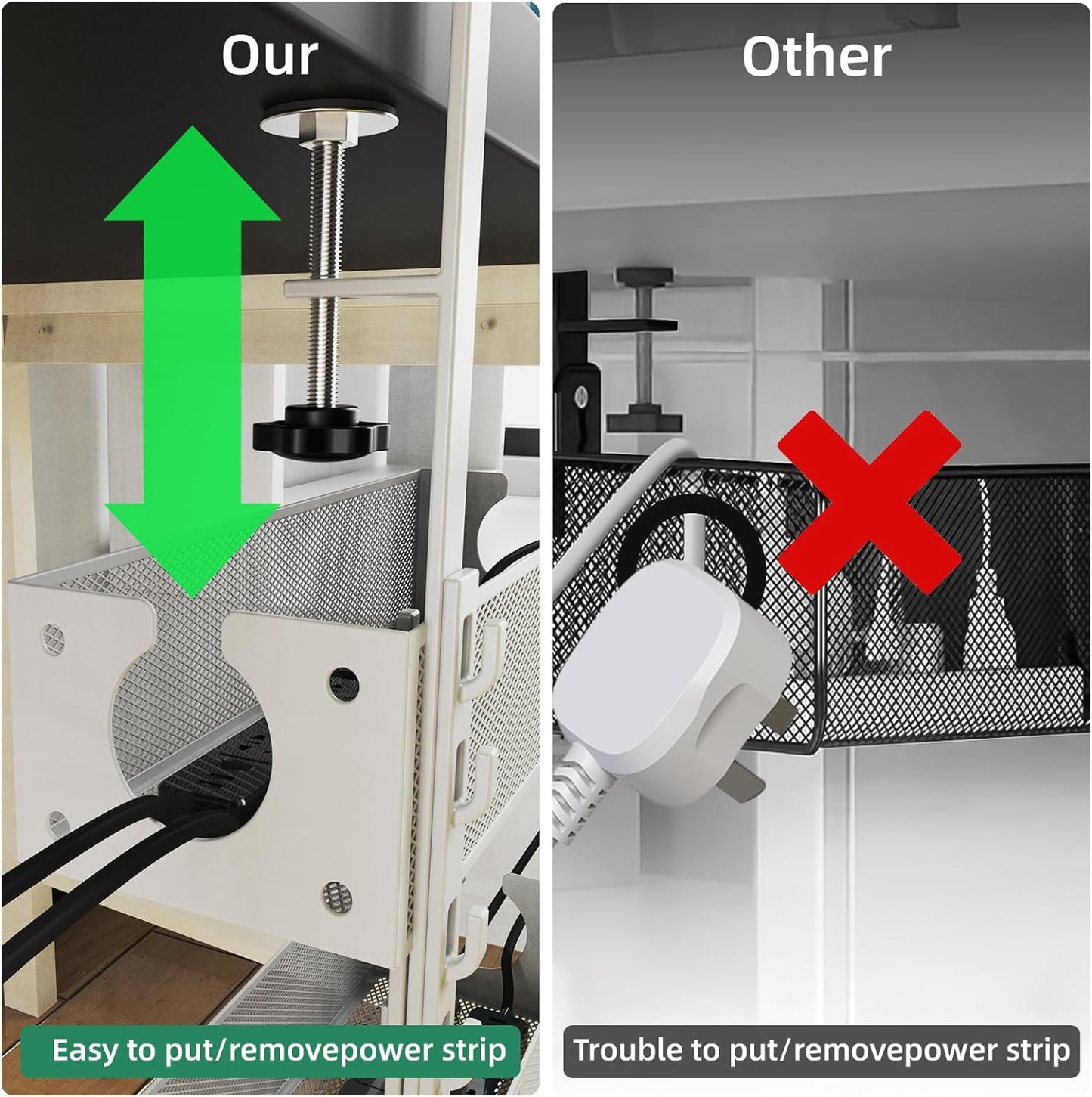 Multi-Model Under Desk Cable Management Tray 2 Packs Metal Under Desk Wire Management Clamp Mount Under Table Cord Management No Damage The Desk (White)
