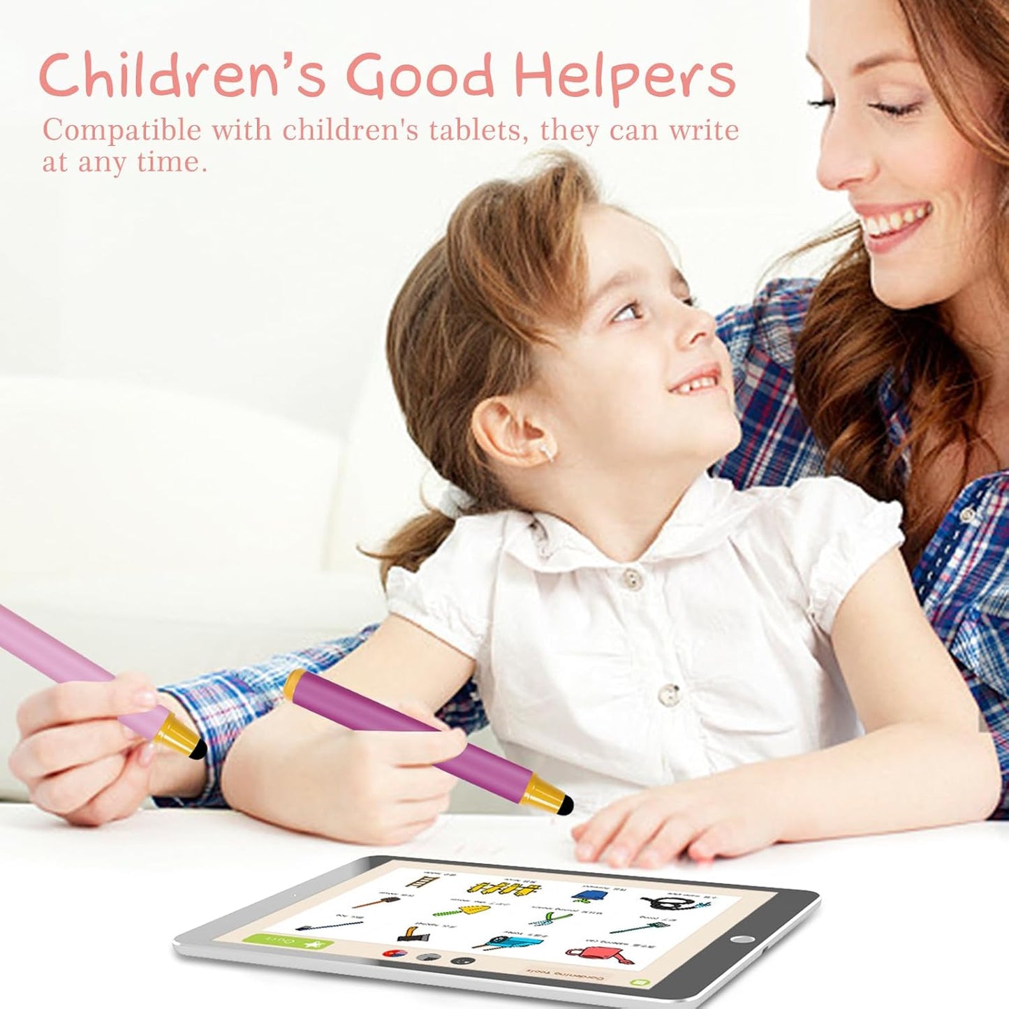Kid-Friendly Stylus Pens for Touch Screens, Crayon Stylus Pen for iPhone Ipad Air Mini Pro, Fire HD Kids Tablet, Android Tablet, Dragon Touch - Blue Pink Green Purple Red (5 Pack)