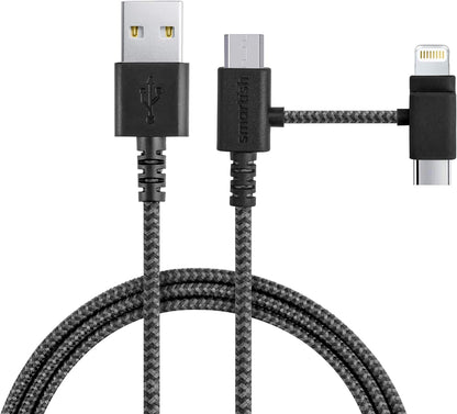 Smartish USB-C/Lightning Cable for iPhone 16/15/14 - Crown Joule - 6Foot Universal Fast Fabric Wrapped Charging Cable w/Micro-USB - Apple MFi Certified for iPhone 13/12/SE/iPad/AirPods/Android - Black
