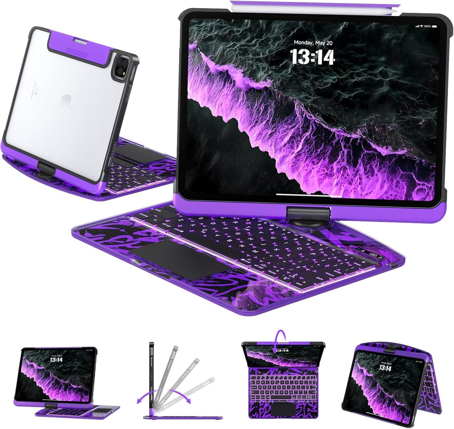 Transparent Case with Keyboard for 2024 iPad Pro 13 inch (M4), iPad Pro 13,7-Color Backlit,Magic Wireless Keyboard, 360°Rotating,Multi-Touch trackpad,Pencil Holder,with Shortcuts,Purple
