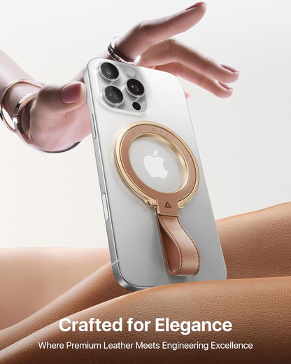 andobil[2025 Premium Leather]Magnetic Phone Grip for MagSafe[Unrivaled Stability]Adjustable Phone Ring Kickstand with Leather Loop Compatible with MagSafe Accessories&iPhone 16 Pro Max/15/14/13,Brown