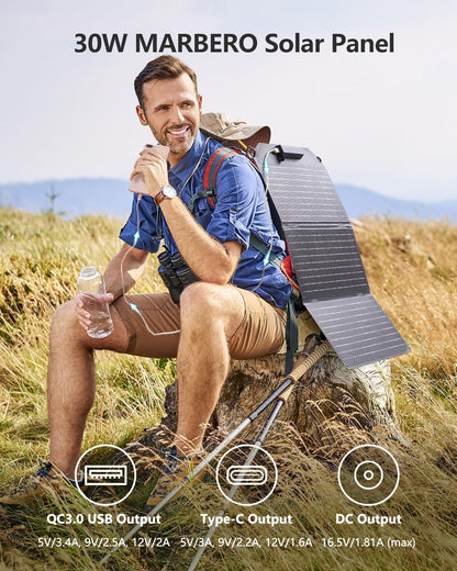 MARBERO 30W Solar Charger >23% High Efficiency Foldable Portable Solar Panel for Power Station Phones Tablets 2 USB Ports & DC Fast Charging IP65 Waterproof for Camping Outdoor Backpacking Cloudy