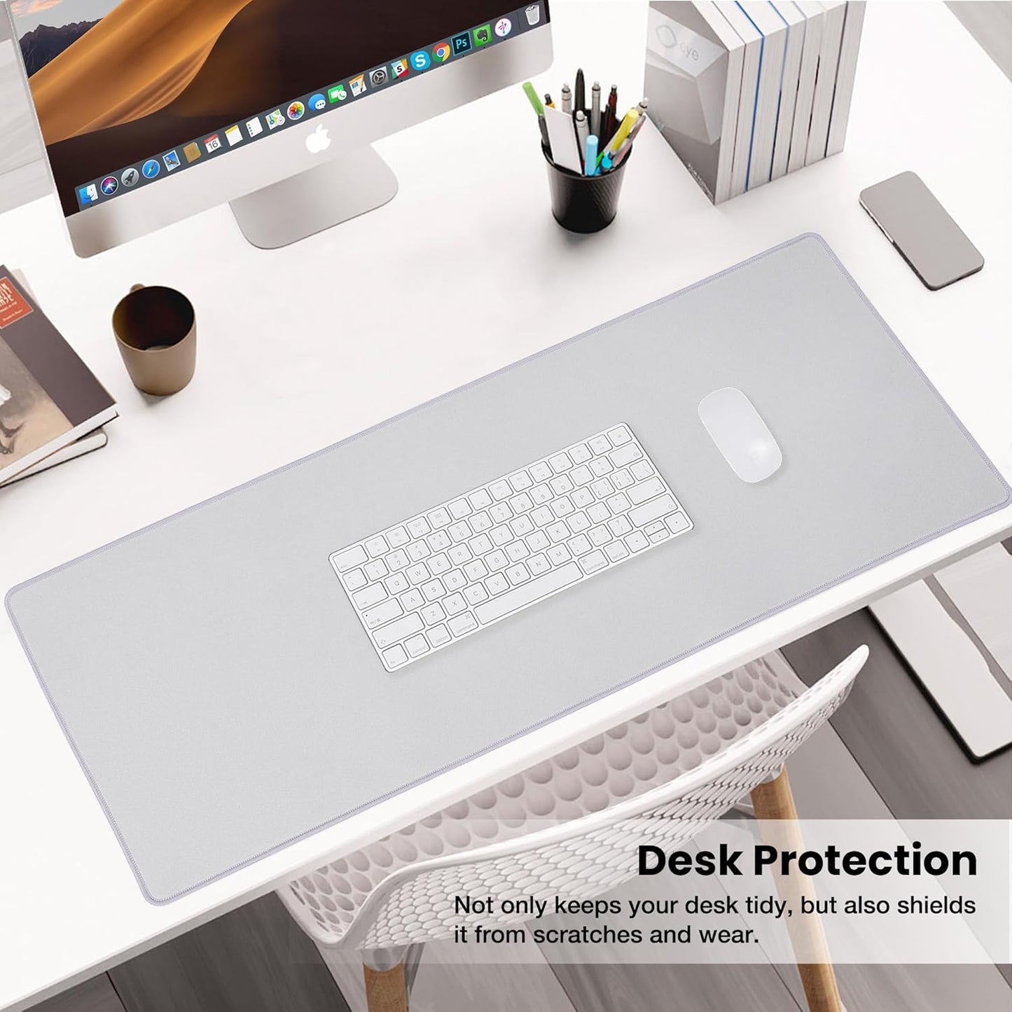 ALOANES Silvery Waterproof Desk Mat, Large Mouse Pad with Extended Mouse Mat, with Anti Slip Base, Stitched Edge, Grain Jacquard Surface, Perfect for Gamer, Office & Home, 3XL(15.74''x35.43''x0.12'')