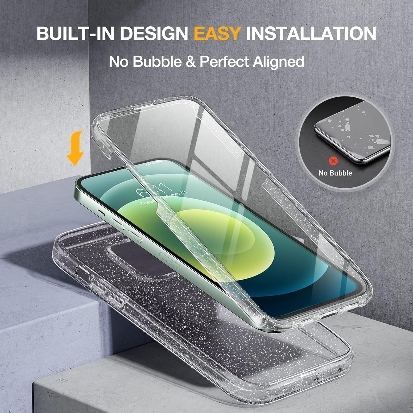 Miracase Glass Series for iPhone 12/12 Pro Case 6.1 inch, Upgraded Full-Body Rugged Phone Bumper Case Cover with Built-in 9H Tempered Glass Screen Protector and Camera Protector, Clear Glitter