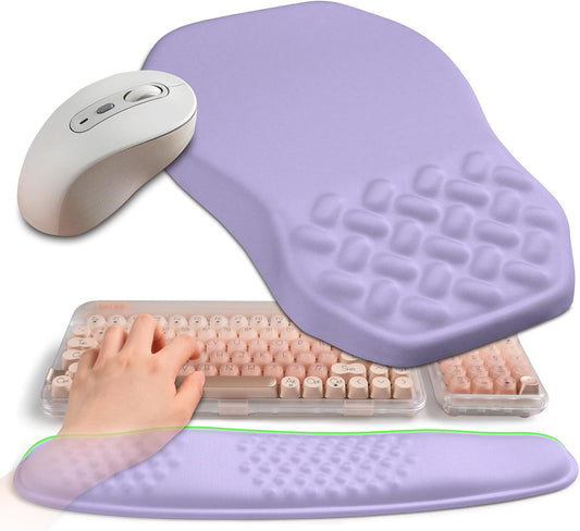 2-in-1 Ergonomic Set, Wave Keyboard Wrist Rest and Massage Slope Mouse Pad Wrist Support, Rebound Memory Foam for Relieve Carpal Tunnel Syndrome and Wrist Pain (Lavender Purple)