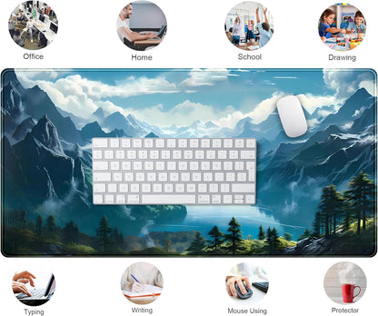 Aesthetic Mountain Vista Desk Mat, Blue Natural Wonder XXL Large Extended Gaming Mouse Pad Mat Non-Slip Mousepad, Computer Keyboard and Mouse Mat, Desk Pad with Stitched Edges, 31.5x15.75 in