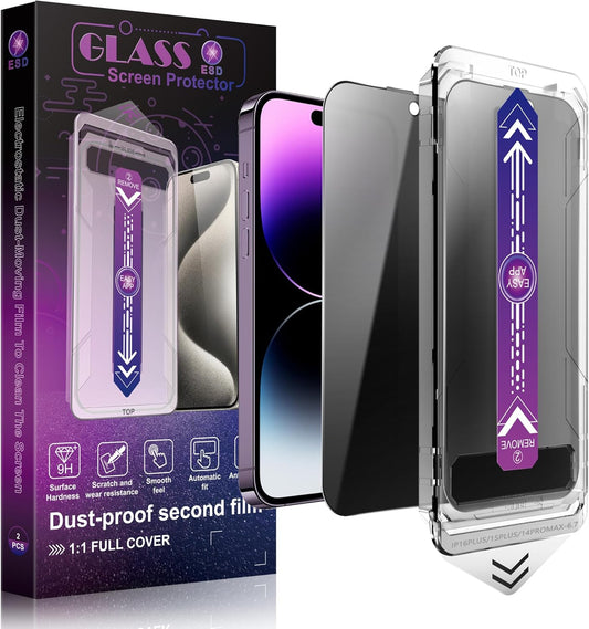 2 Pack Privacy Screen Protector for iPhone 15 Plus and iPhone 14 Pro Max 6.7-Inch Auto Dust Removal, No Bubbles, Anti-Spy Tempered Glass Film, Easy Installation