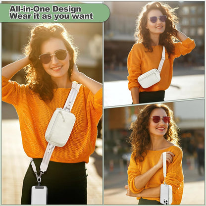 Clip and Go Strap for Phone with Wallet Crossbody, Adjustable Phone Lanyard with Detachable RFID Wristlet Wallet, Pattern Strap, Cream&Silver (M)