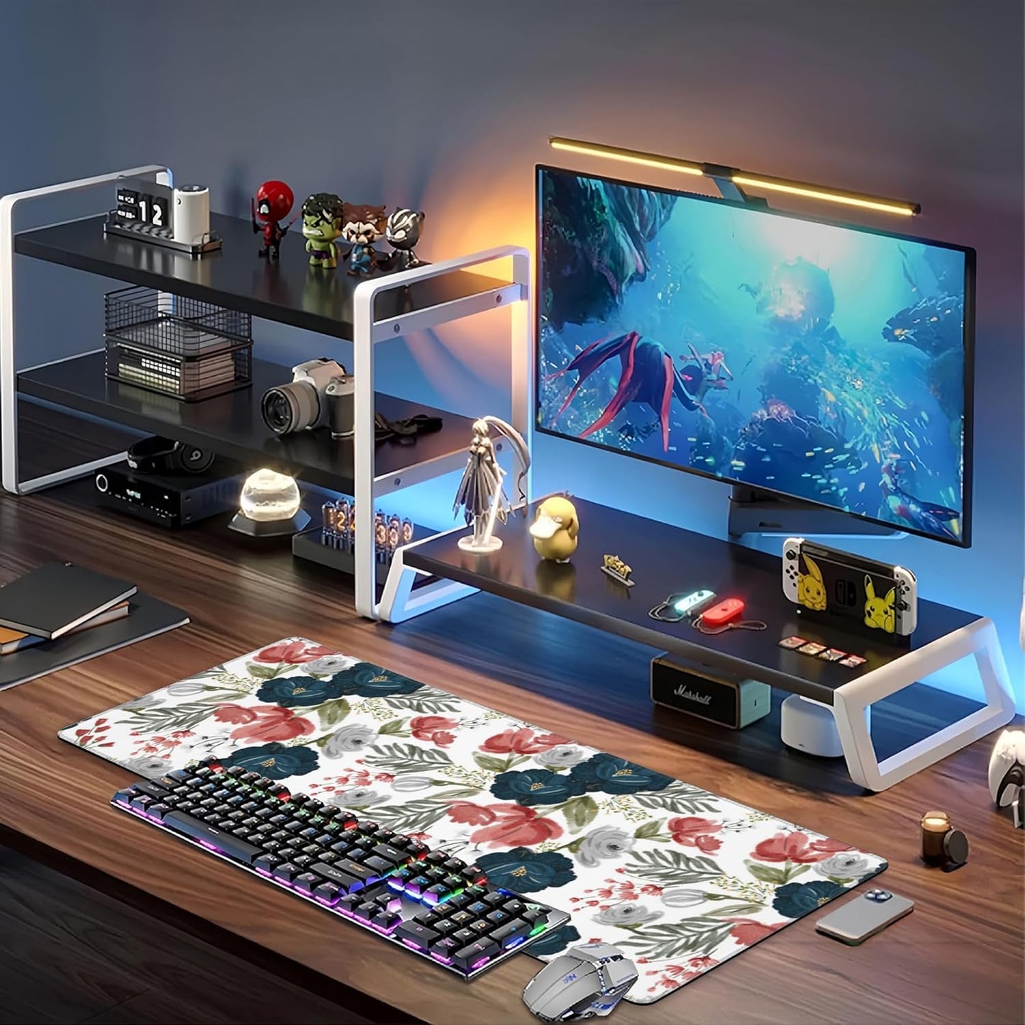 Watercolor Flowers Desk Mat,Large Colorful Floral Gaming Keyboard Mouse Pad,Non-Slip Rubber Base Desk Pad Thick Stitched Edges Waterproof Mousepad Mouse Mat 31.5"x11.8"