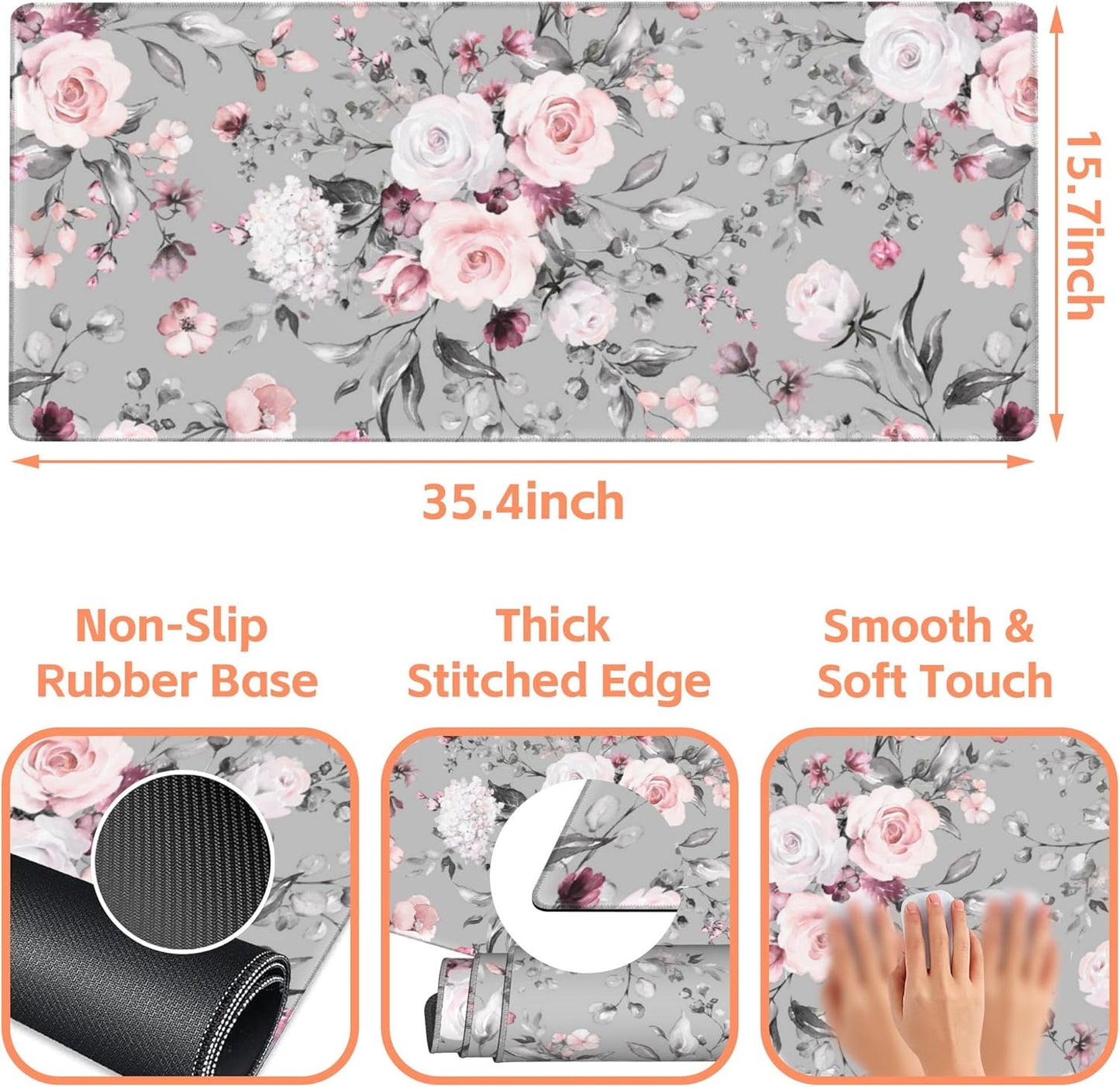 Mouse Pad Large Watercolor Rose Non-Slip Gaming Desk Mat with Stitched Edge Laptop Keyboard Desk Pad for Work Home Gaming (35.4 x 15.7 Inches)