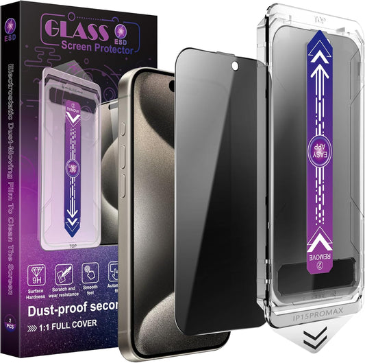 2 Pack Privacy Screen Protector for iPhone 15 Pro Max, 9H Tempered Glass, Full Coverage, Anti-Fingerprint, Auto Dust-Elimination, No Bubble,Easy Installation