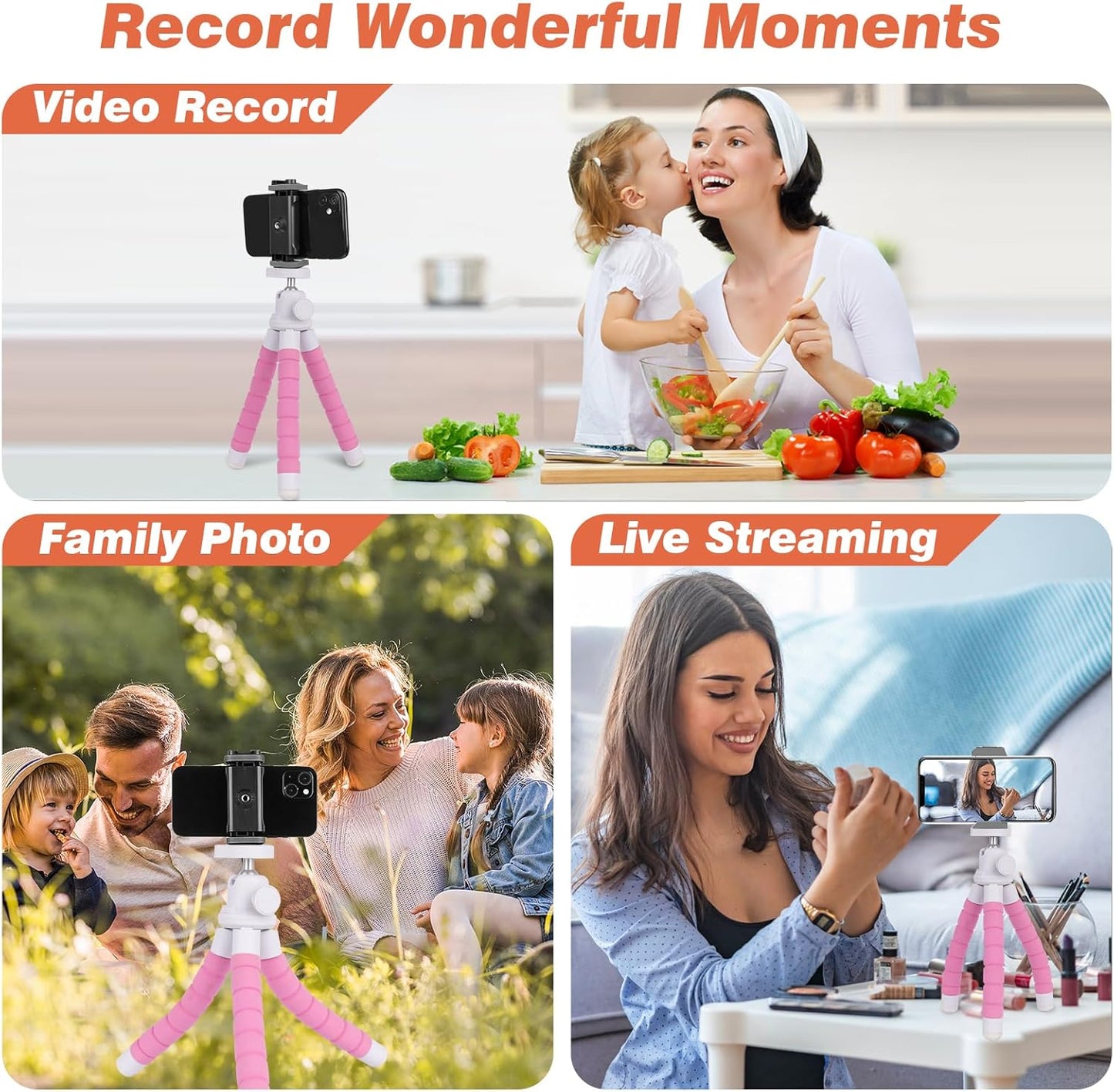 UBeesize Flexible Phone Tripod with Wireless Remote and Clip, Cell Phone Stand for Video Recording (Pink)