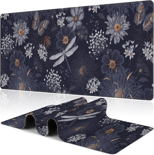 Wildflowers and Insects Desk Mat,Large Cute Flowers Butterflies and Dragonflies Gaming Keyboard Mouse Pad,Non-Slip Rubber Base Desk Pad Thick Stitched Edges Waterproof Mousepad Mouse Mat 31.5"x11.8"