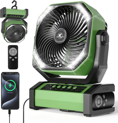 KITWLEMEN Camping Fan with Light - 20000mAh Rechargeable Battery Fan, 60Hrs Max Run Time, 4 Speeds, Timer, Auto Oscillation, 270° Pivot & Hook for Camping, Power Outage, Hurricane