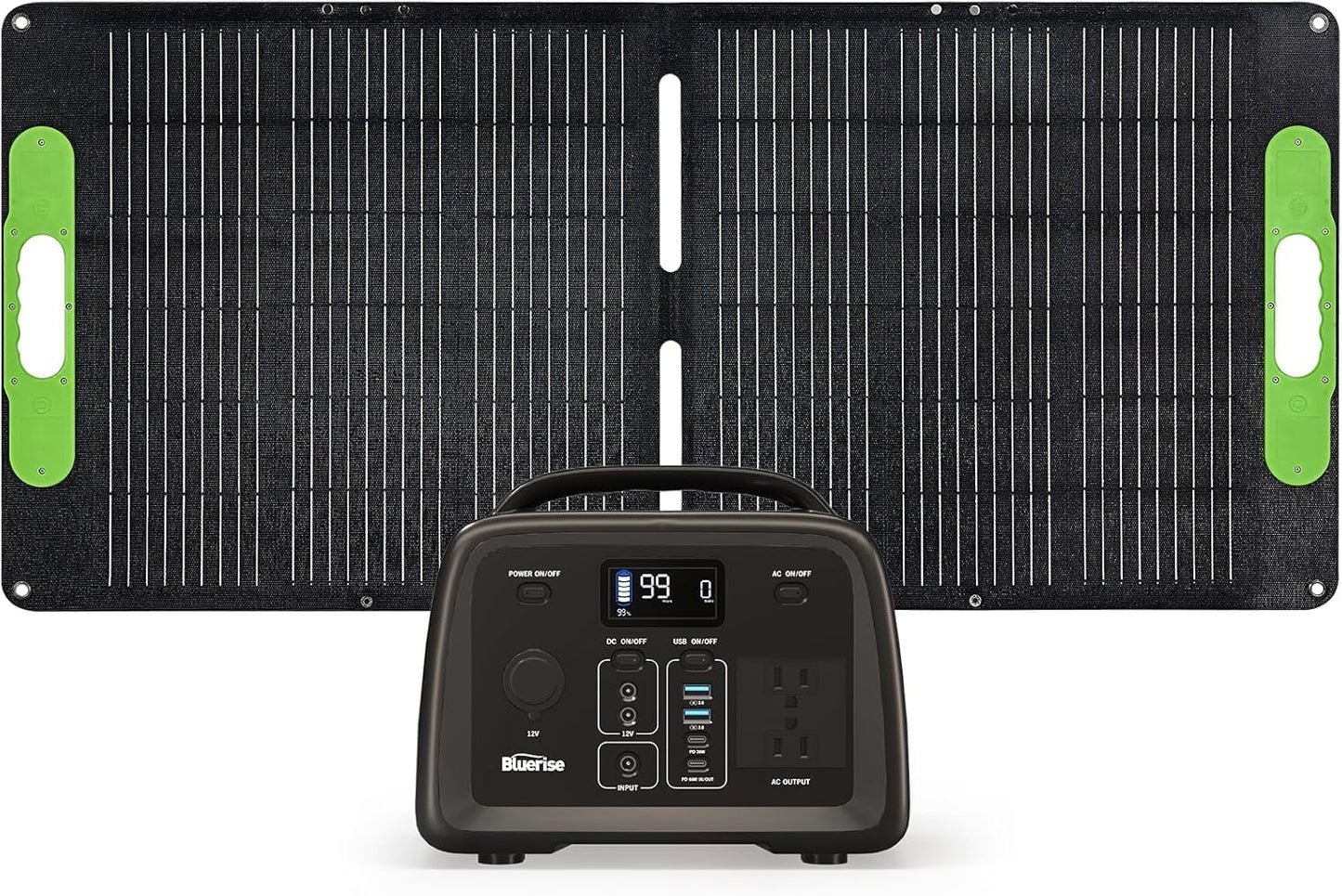 BLUERISE Solar Generator 320Wh Portable LiFePO4 Power Station with Foldable Solar Panels 60W with 2 AC Outlet 110V/300W Solar Mobile Battery Packup for Camping Hunting Home Emergency