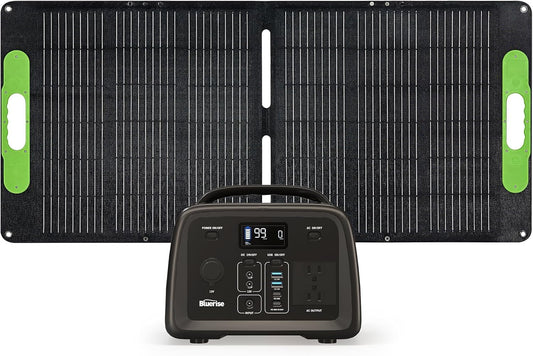BLUERISE Solar Generator 320Wh Portable LiFePO4 Power Station with Foldable Solar Panels 60W with 2 AC Outlet 110V/300W Solar Mobile Battery Packup for Camping Hunting Home Emergency