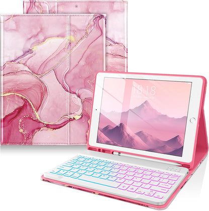 DTTO for iPad 9th/8th/7th Generation 10.2" Case 2021/2020/2019 with Keyboard, 7 Colors Backlit Wireless Detachable Keyboard Premium Leather Folio Cover with Pencil Holder & Pocket, Watermelon Marble