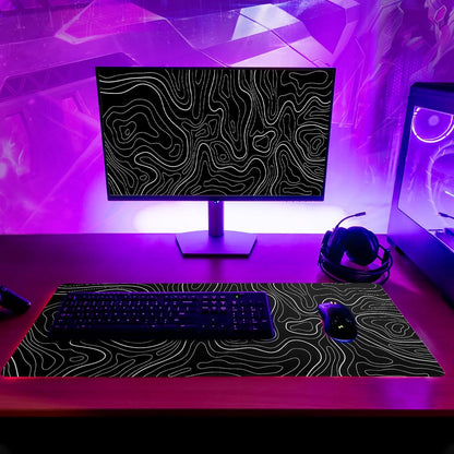 Topographic Contour Black Gaming Mouse Pad XL Geographic Map Lines Extended Big Large Desk Mat Non-Slip Rubber Base Stitched Edge Long Keyboard Mousepad for PC Computer Laptop,31.5x11.8 Inch