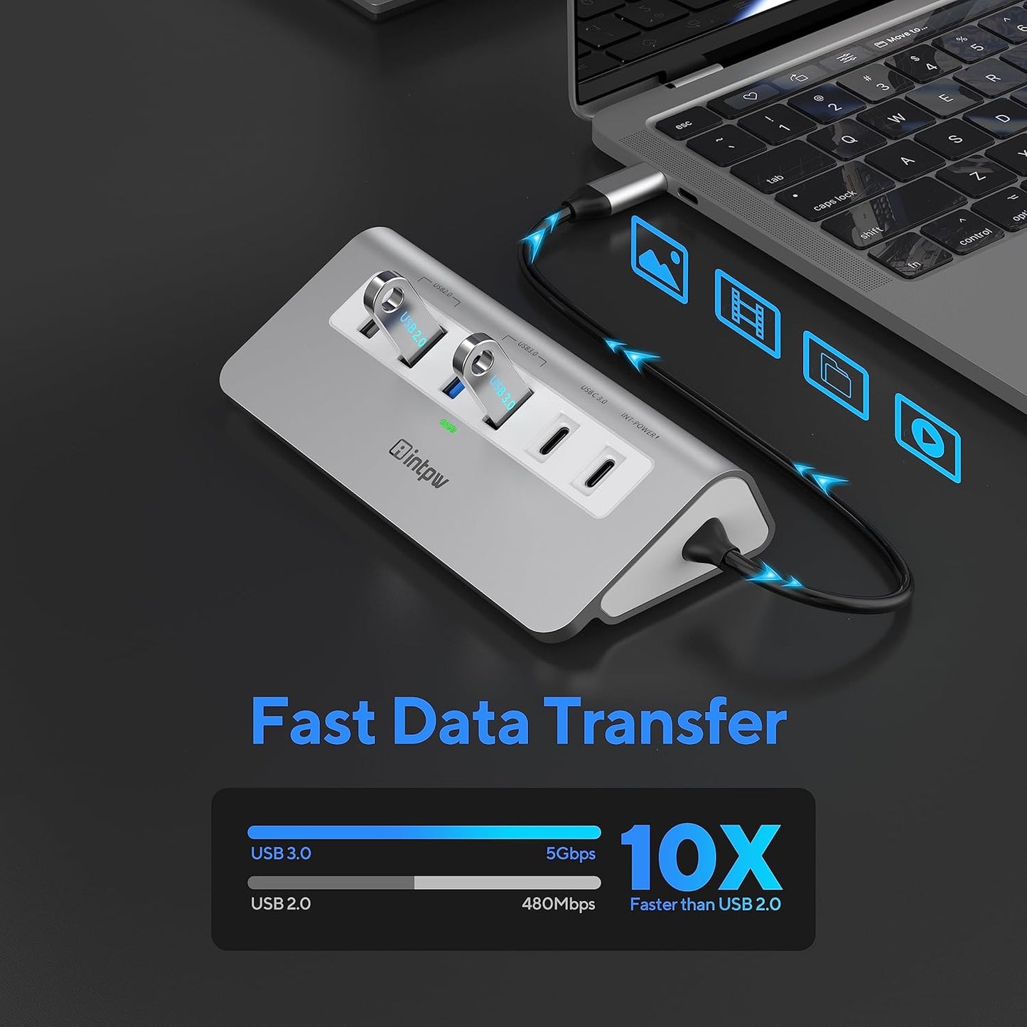 USB C Hub, intpw 9-in-1 USB Hub for Laptop with 4K HDMI, PD 100W, USB-C and 2 USB A 3.0 5Gbps, 2 USB A 2.0, SD/TF Card Reader, Aluminum USB Hub for PC, iPhone, MacBook, iPad