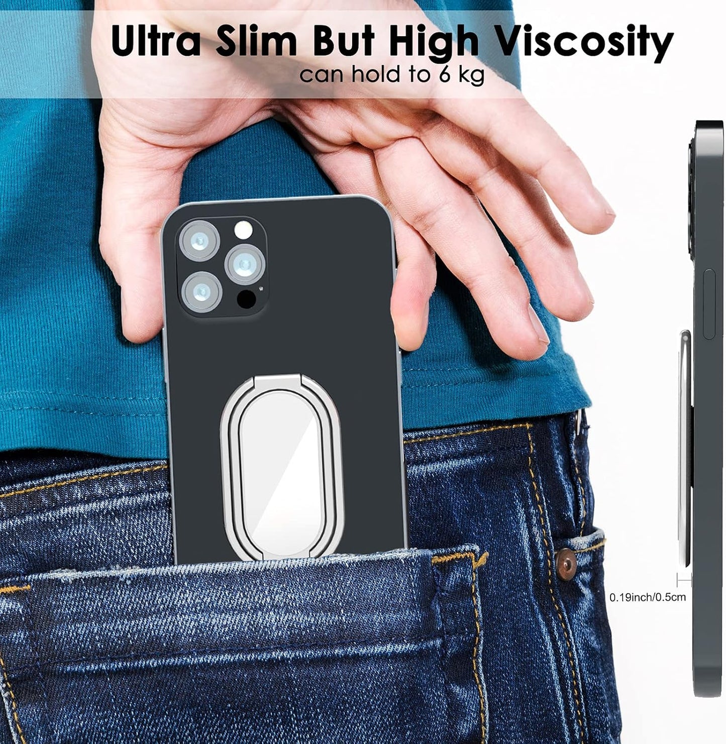 Phone Ring Holder Finger Kickstand, 360° Rotation Metal Phone Grip for Magnetic Car Mount Foldable Cell Phone Stand Compatible with Most Smartphones Silver