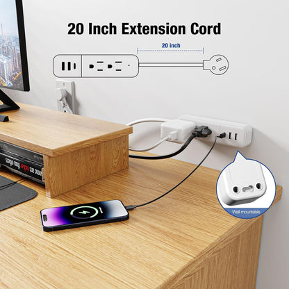 Power Strip Surge Protector - Flat Plug with 3 USB Ports 2 AC Outlets 20 Inch Extension Cord Small White Wall Mountable Outlet Extender for Travel Home Office College Dorm Room 1875W 125V 15A