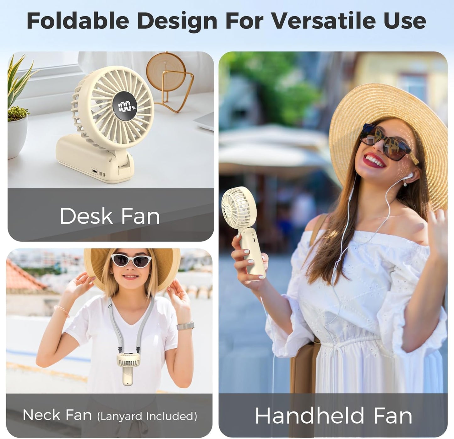 Portable Handheld Fan, 5000mAh Rechargeable Battery, Max 15H Cooling, 4 Speeds, LED Display, Foldable Design, 3-IN-1 Personal Pocket Fan with lanyard for Travel Outdoors Makeup Concert Commute