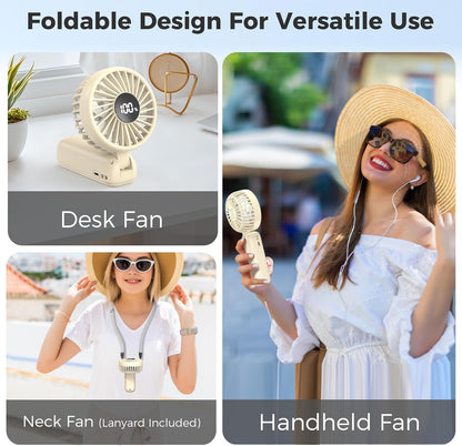 Portable Handheld Fan, 5000mAh Rechargeable Battery, Max 15H Cooling, 4 Speeds, LED Display, Foldable Design, 3-IN-1 Personal Pocket Fan with lanyard for Travel Outdoors Makeup Concert Commute