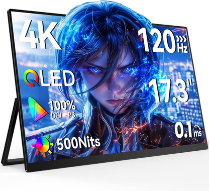 Newsoul Portable Monitor 4K, 120Hz Gaming Monitors 3840 * 2160 UHD, 100% DCI-P3, 1500:1 Contrast, FreeSync 0.1ms, Built-in Stand & Speaker, USB-C HDMI Portable Screen for Laptop, Phone, Game Console