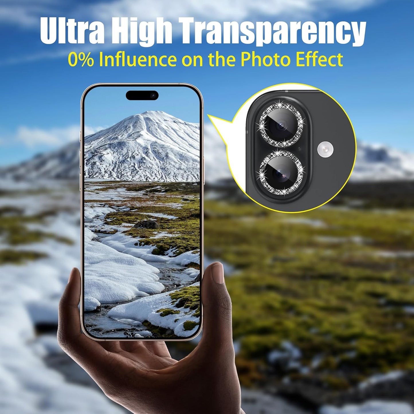 AGVEE 3+3 6 Pack for iPhone 16 6.1" / 16 Plus 6.7" Camera Lens Cover Protector, Bling Glitter & CD-Textured Metal Ring 9H Tempered HD Glass Camera Cover Protector Film, Glitter-Black