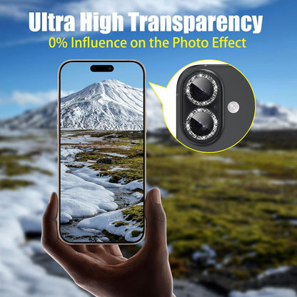 AGVEE 3+3 6 Pack for iPhone 16 6.1" / 16 Plus 6.7" Camera Lens Cover Protector, Bling Glitter & CD-Textured Metal Ring 9H Tempered HD Glass Camera Cover Protector Film, Glitter-Black