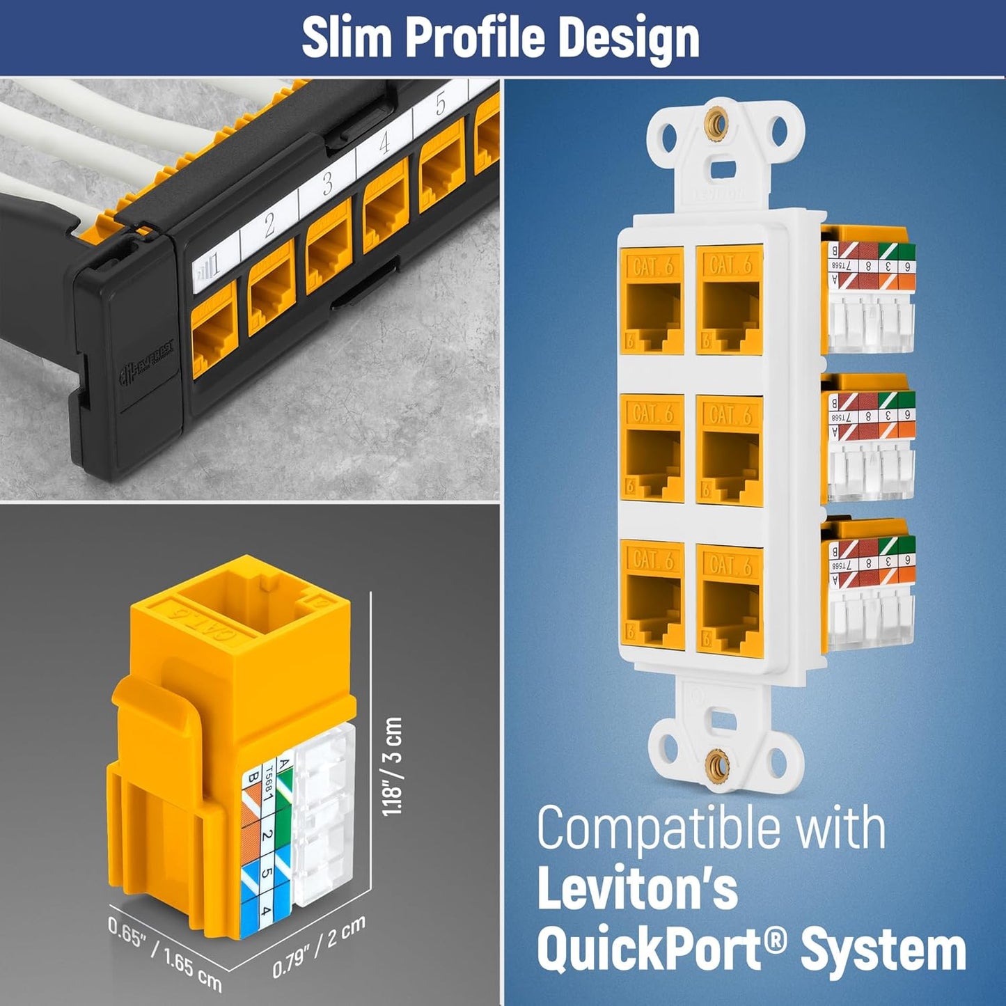 Everest 90° Angled RJ45 Cat6A Keystone Jacks 50-Pack in Yellow - Slim Profile Female RJ45 Connectors - Cat 6A Keystone Jack - Compatible with 90° Angled Speed Termination Tool - easyJACK (B094WB91H3)