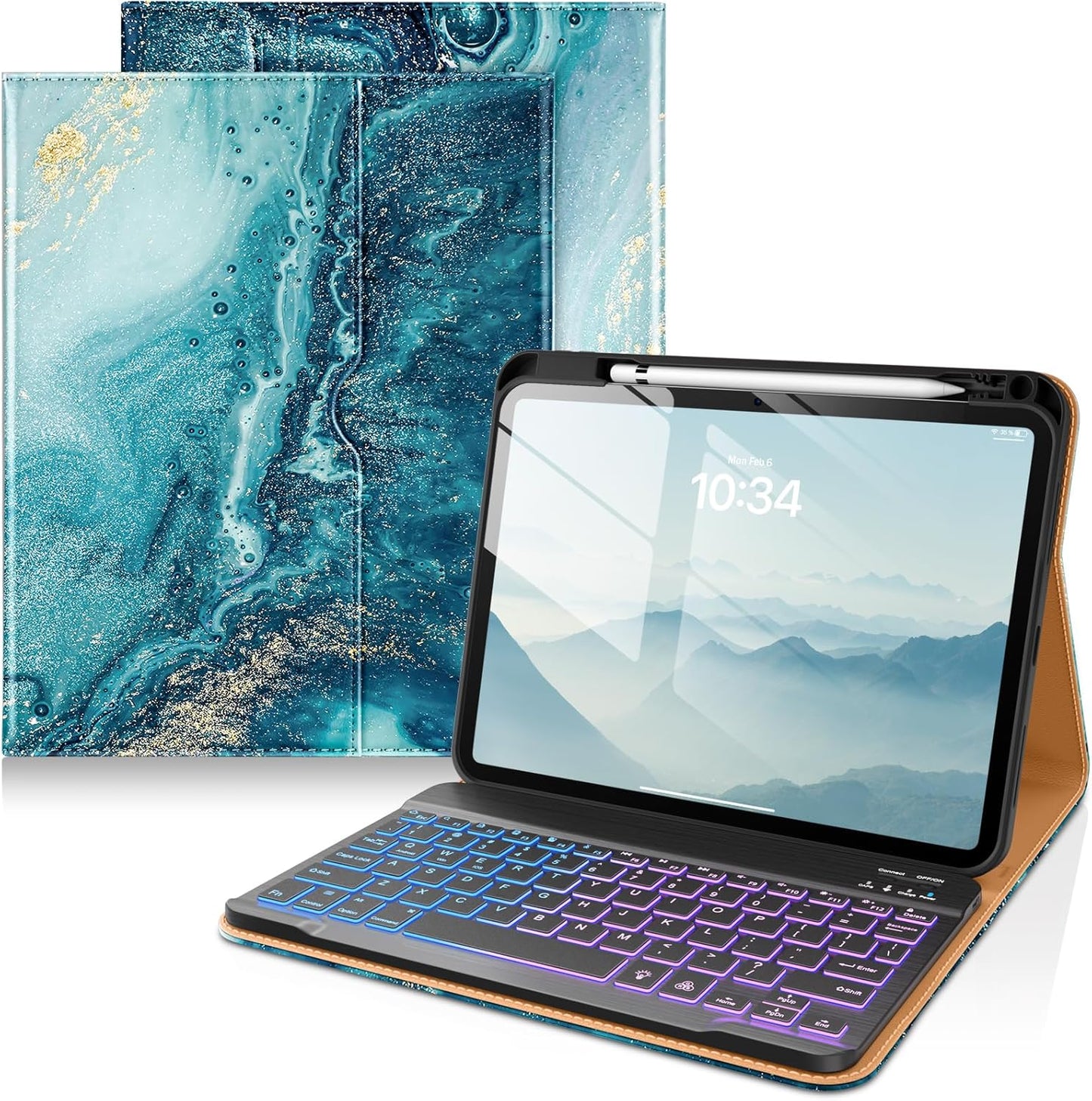 DTTO for iPad 11th (A16)/ 10th Generation Case with Keyboard (2025/2022), 7 Colors Backlit Wireless Detachable Keyboard Leather Folio Cover with Pencil Holder & Pocket, Sandy Wave