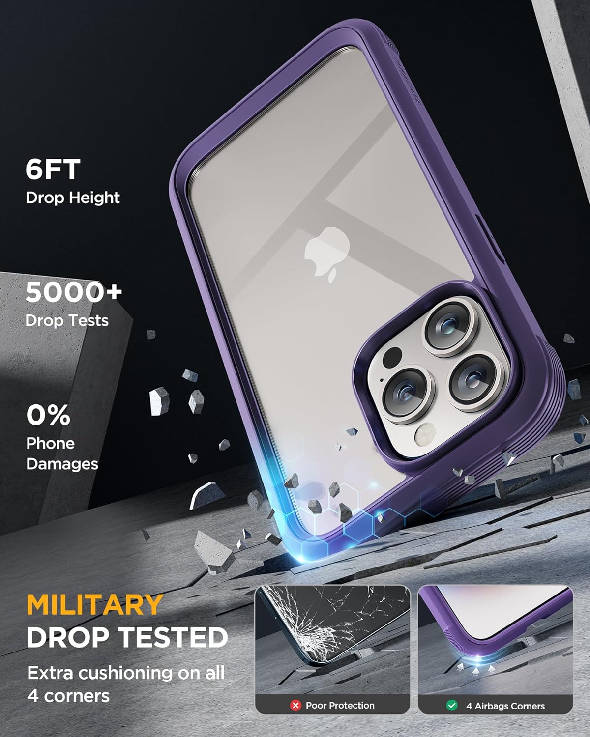 Miracase for iPhone 15 Pro Case Full-Body Built-in Glass Screen Protector& Camera Protector, Military Protective 15 Pro Phone Case Cover 6.1 inch, Purple