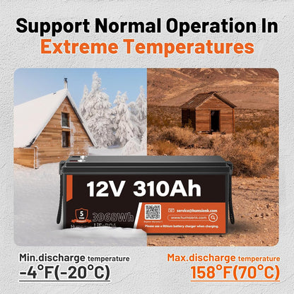 12V 310Ah LiFePO4 Lithium Battery 4PCS– Max. 3968Wh, 15000+ Deep Cycle Battery with 100A BMS, Low-Temp Cutoff | A+ Grade Cells for Marine, Trolling Motor, Off-Grid Home Energy Storage, Van Life