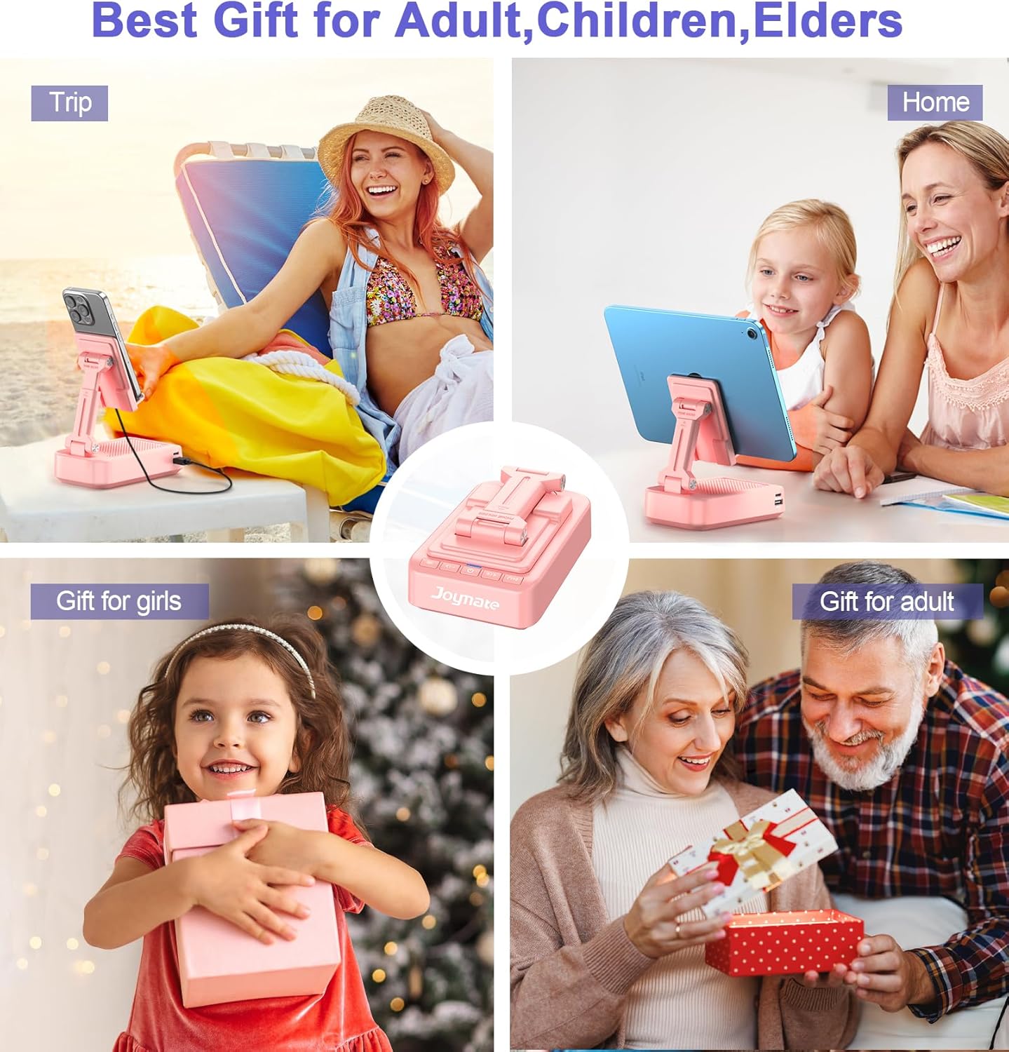 Gifts for Men Women, Phone Stand with Bluetooth Speaker and Charging Function 360° Rotable Angel Adjustable Cell Phone Holder with HD Stereo Sound Fits All Phones,Tablet (Pink)