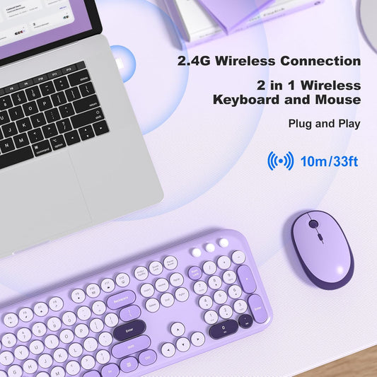 KNOWSQT Wireless Keyboard and Mouse Combo - Lovely Violet Rainbow Full-Sized Typewriter Colorful Keyboards, Round Keycap USB Plug Play Retro Cute Keyboards for Windows, Laptop, PC, Desktop, Computer